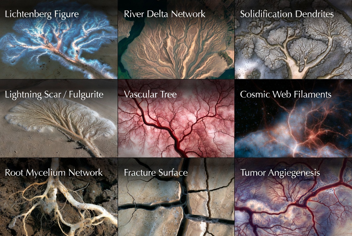 A comparative atlas of branching morphology families from lightning to vascular trees and fractures.